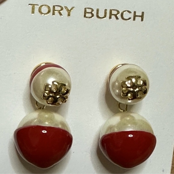Final sale tory Burch dipped logo pearl and Red small drop earrings - Picture 5 of 5
